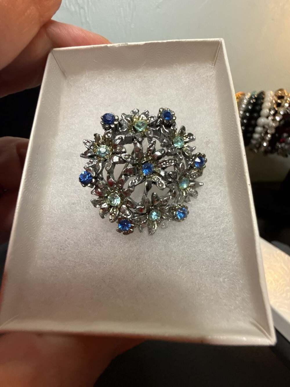Vintage Floral  Brooch with Blue and Light Blue Rhinestones in Silver setting